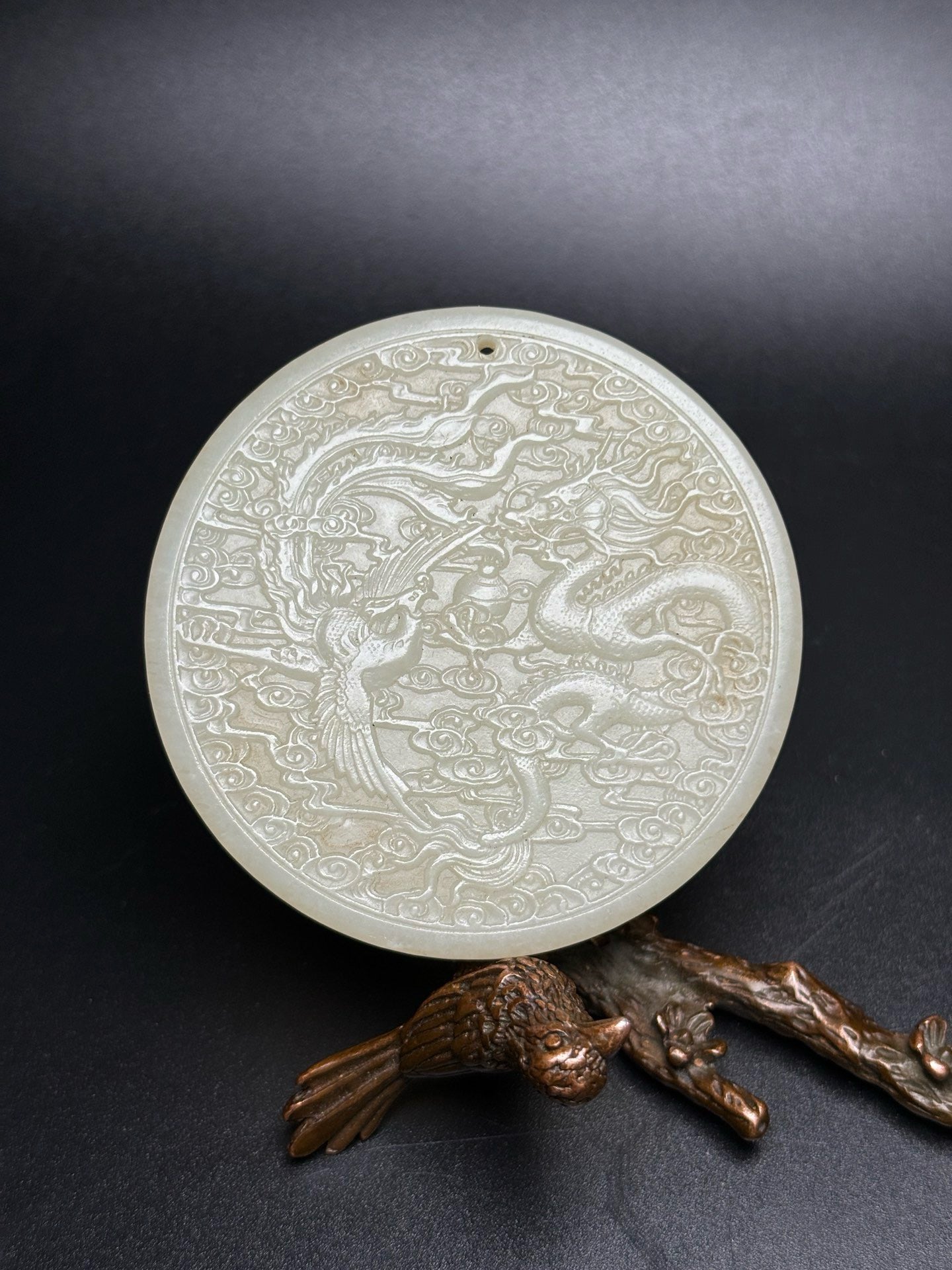 Chinese Antique Hotan Jade Dragon and Phoenix Bring Prosperity