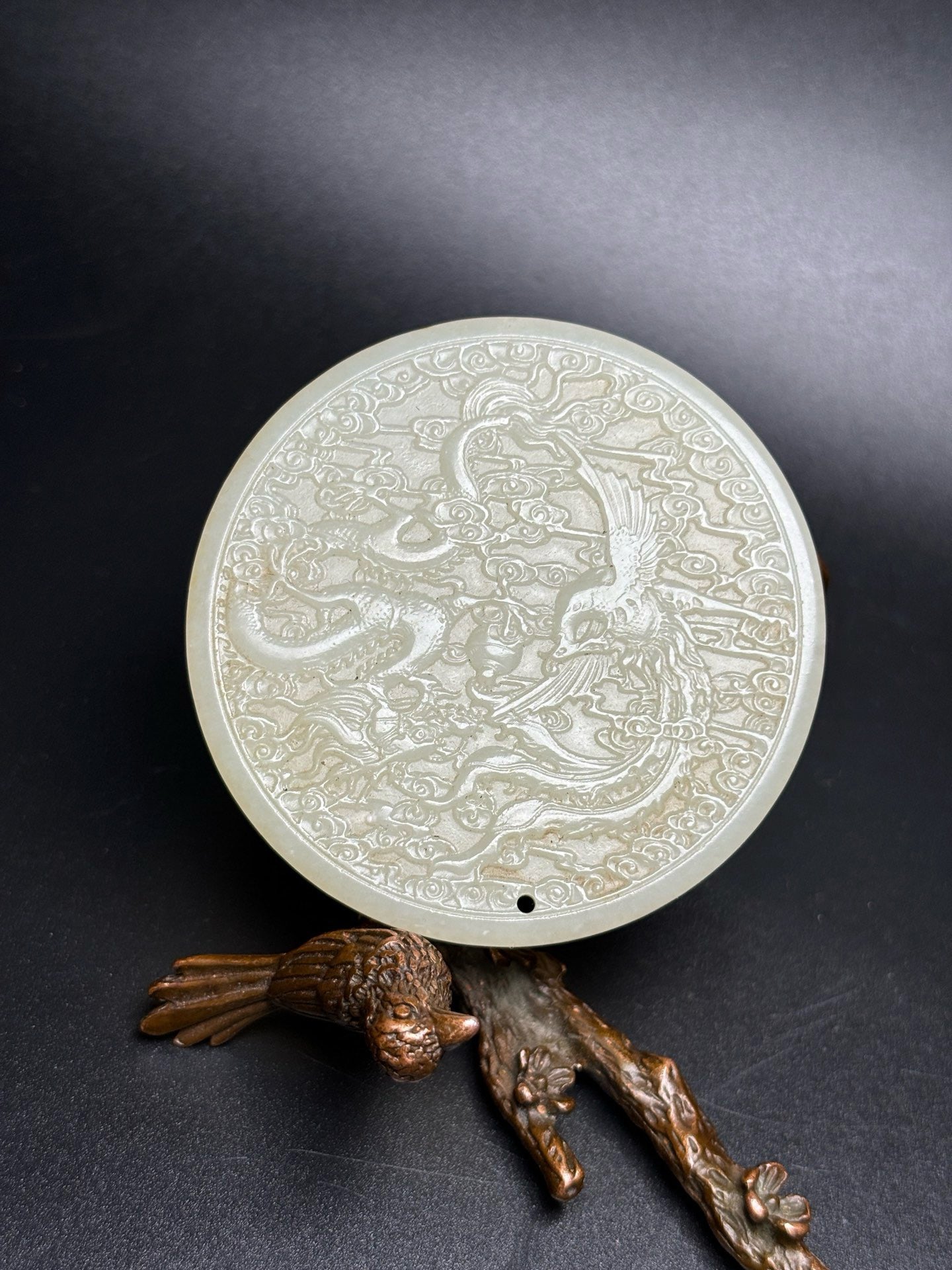 Chinese Antique Hotan Jade Dragon and Phoenix Bring Prosperity