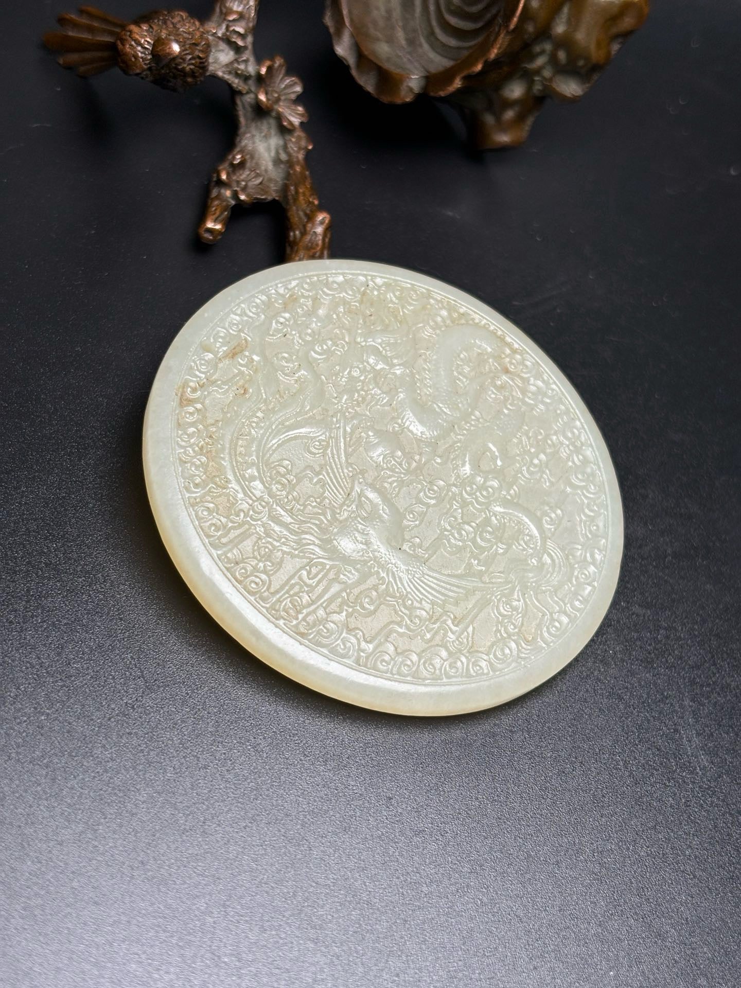 Chinese Antique Hotan Jade Dragon and Phoenix Bring Prosperity