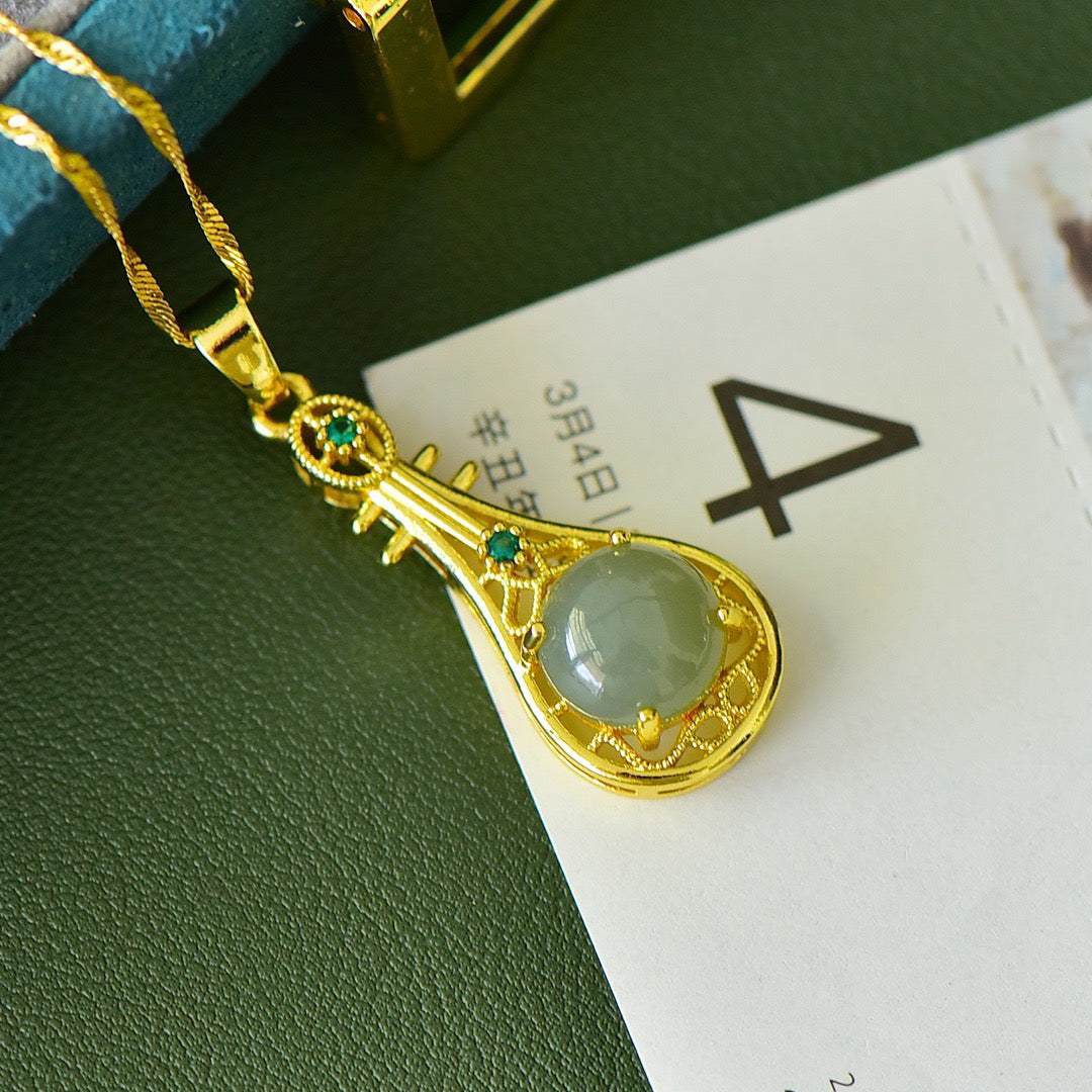 Copper inlaid Hotan Jade hollow pipa with green zirconium fashion pendant