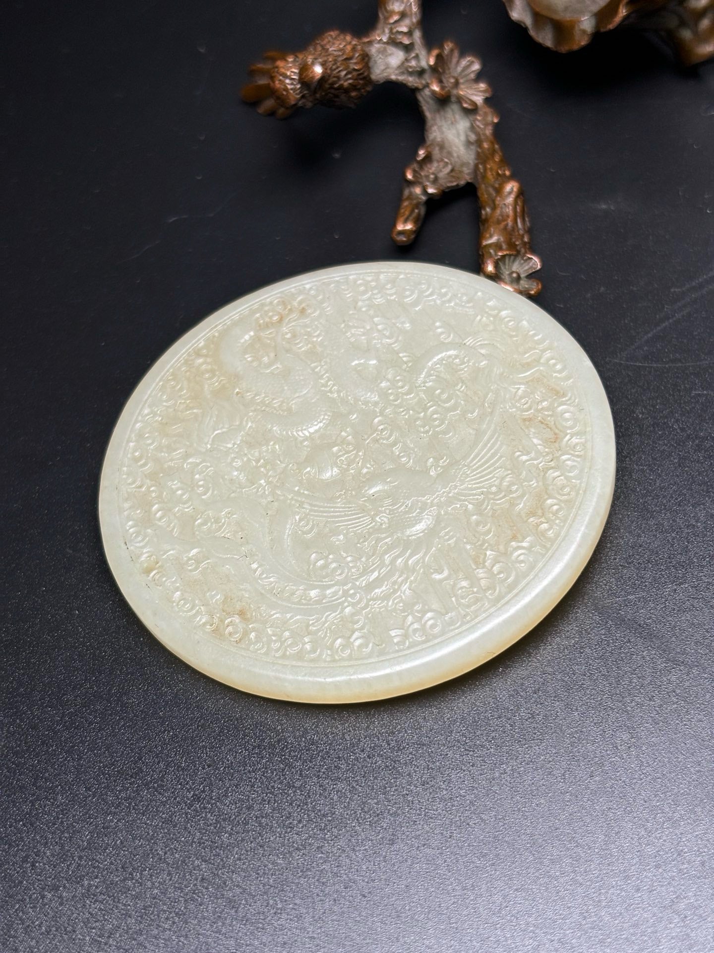 Chinese Antique Hotan Jade Dragon and Phoenix Bring Prosperity