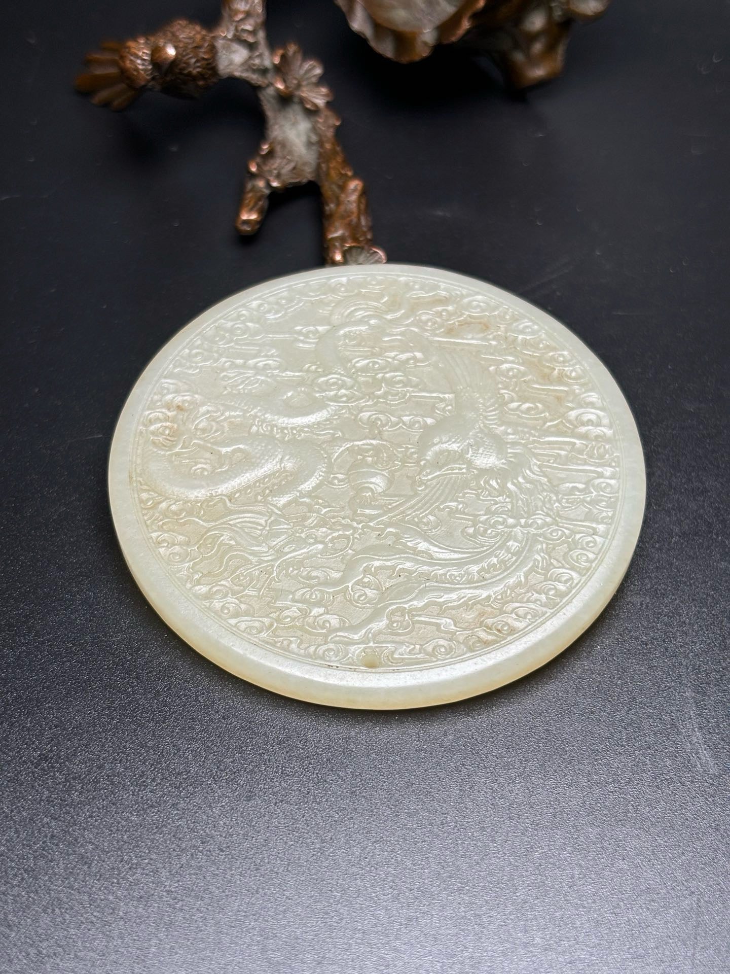 Chinese Antique Hotan Jade Dragon and Phoenix Bring Prosperity