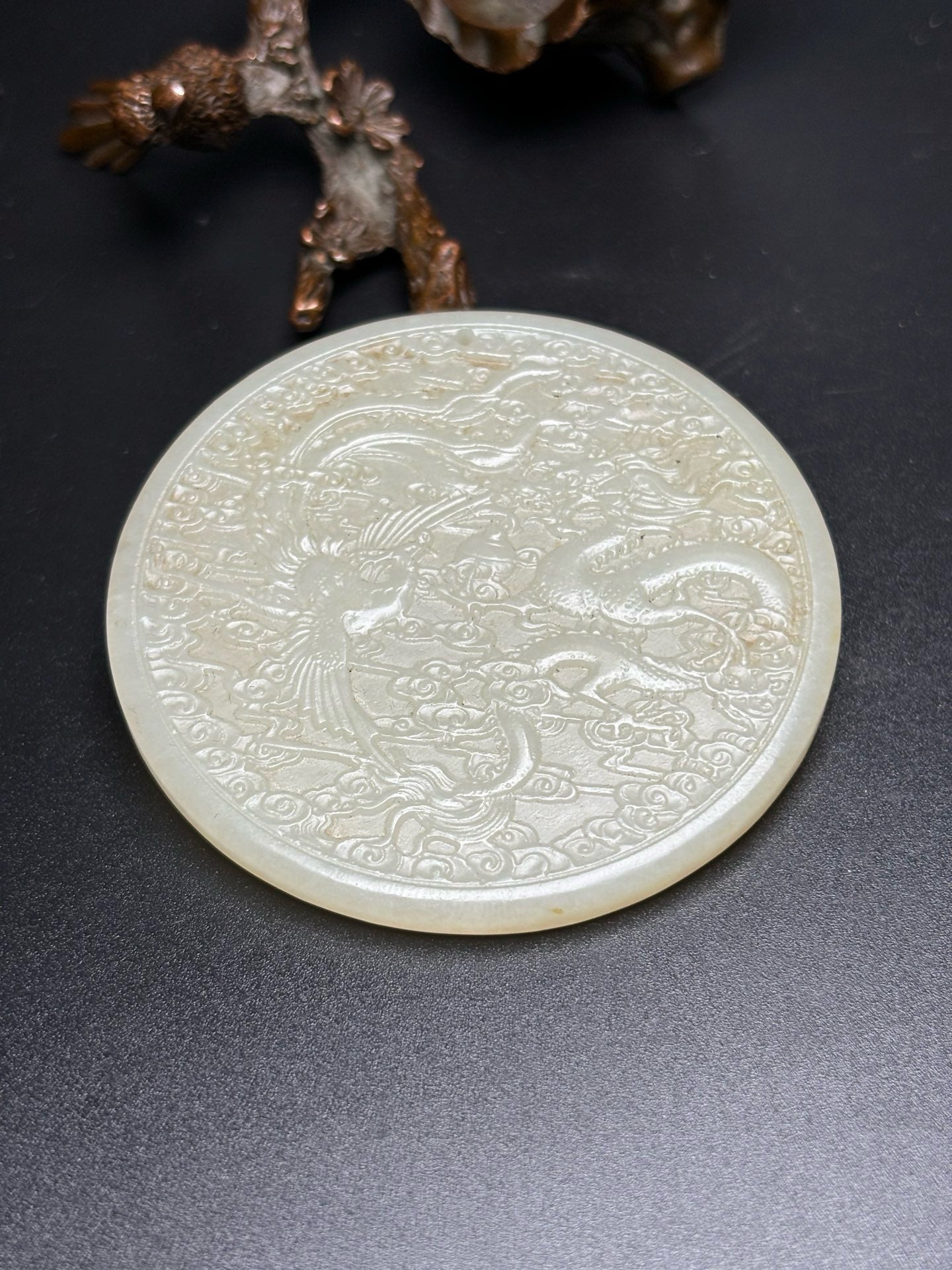 Chinese Antique Hotan Jade Dragon and Phoenix Bring Prosperity