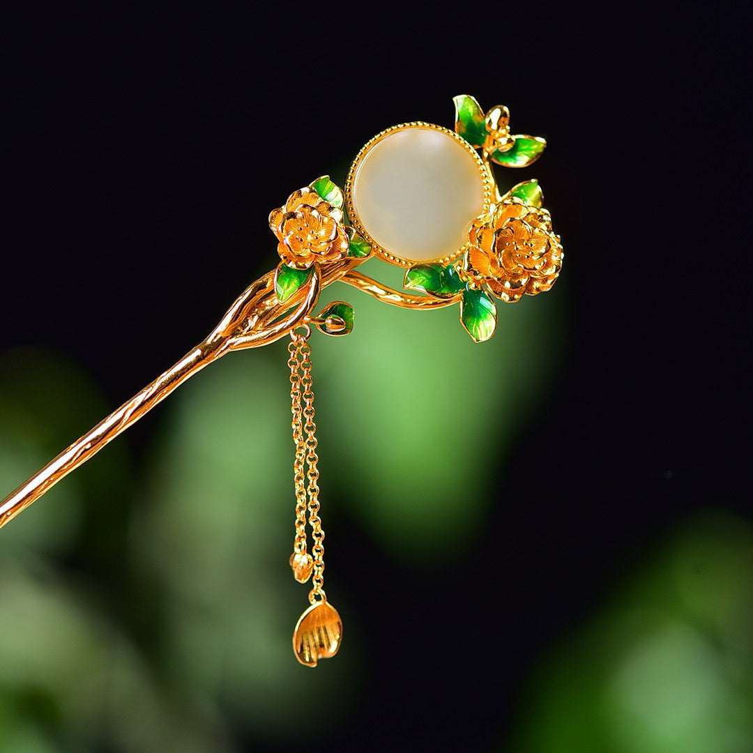 Silver inlaid Hotan Jade enamel flat twelve flower hairpin