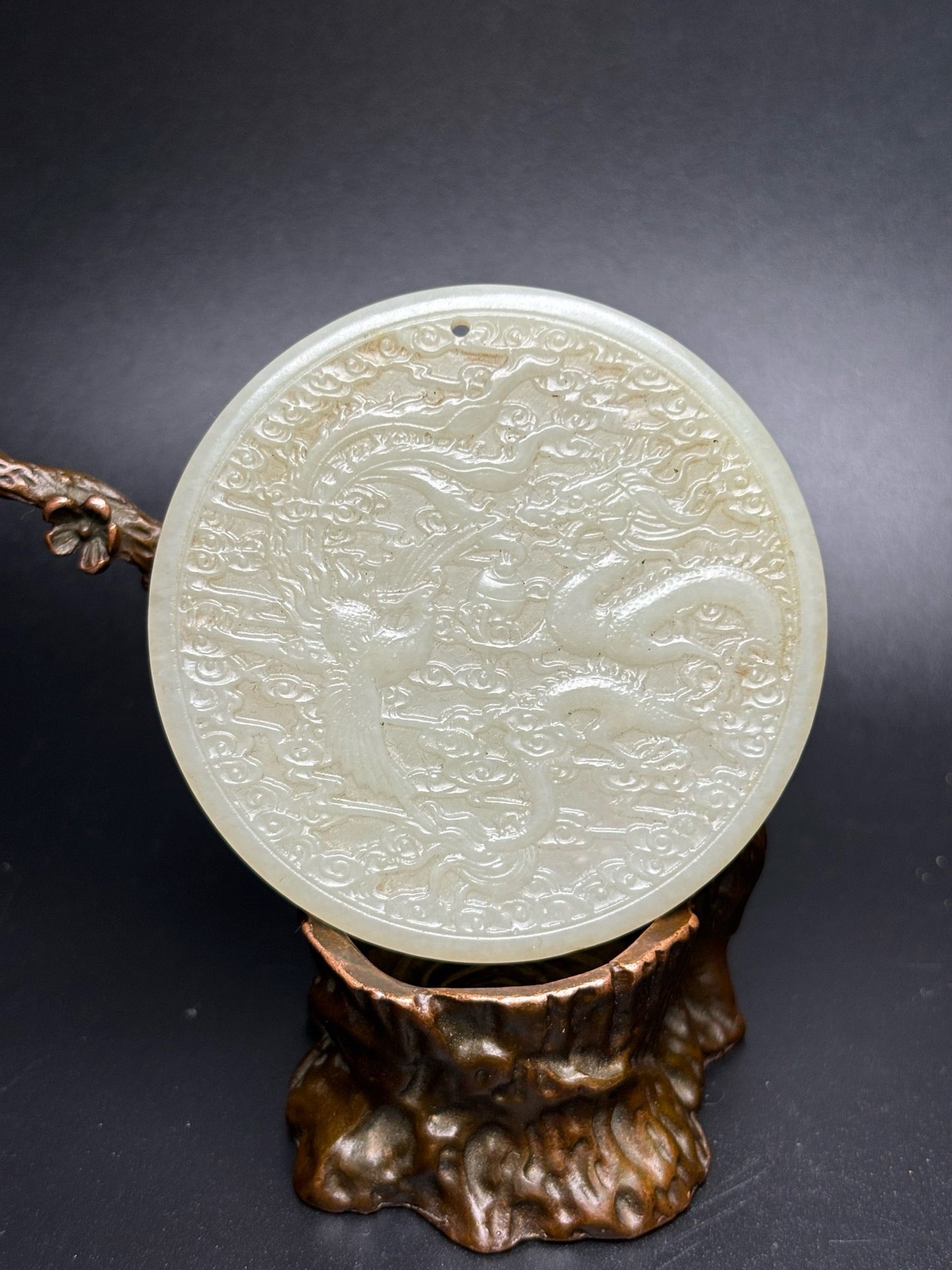 Chinese Antique Hotan Jade Dragon and Phoenix Bring Prosperity