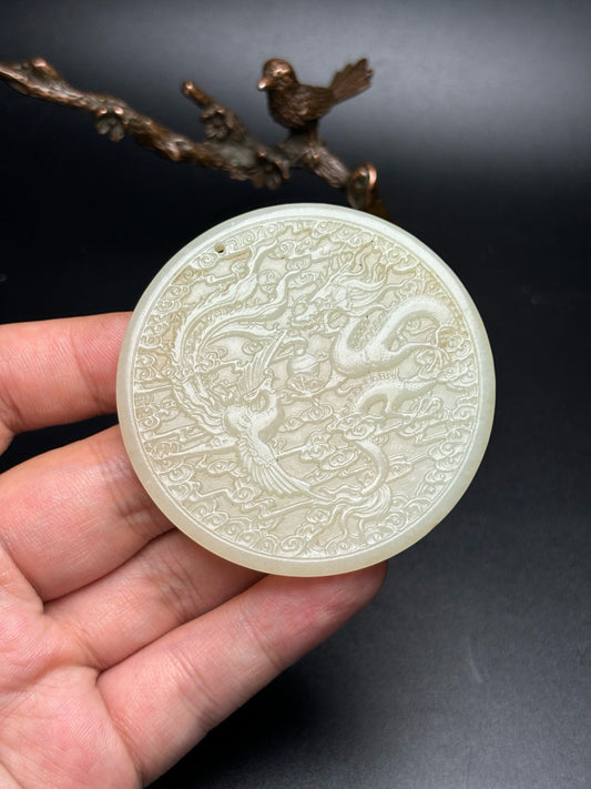 Chinese Antique Hotan Jade Dragon and Phoenix Bring Prosperity