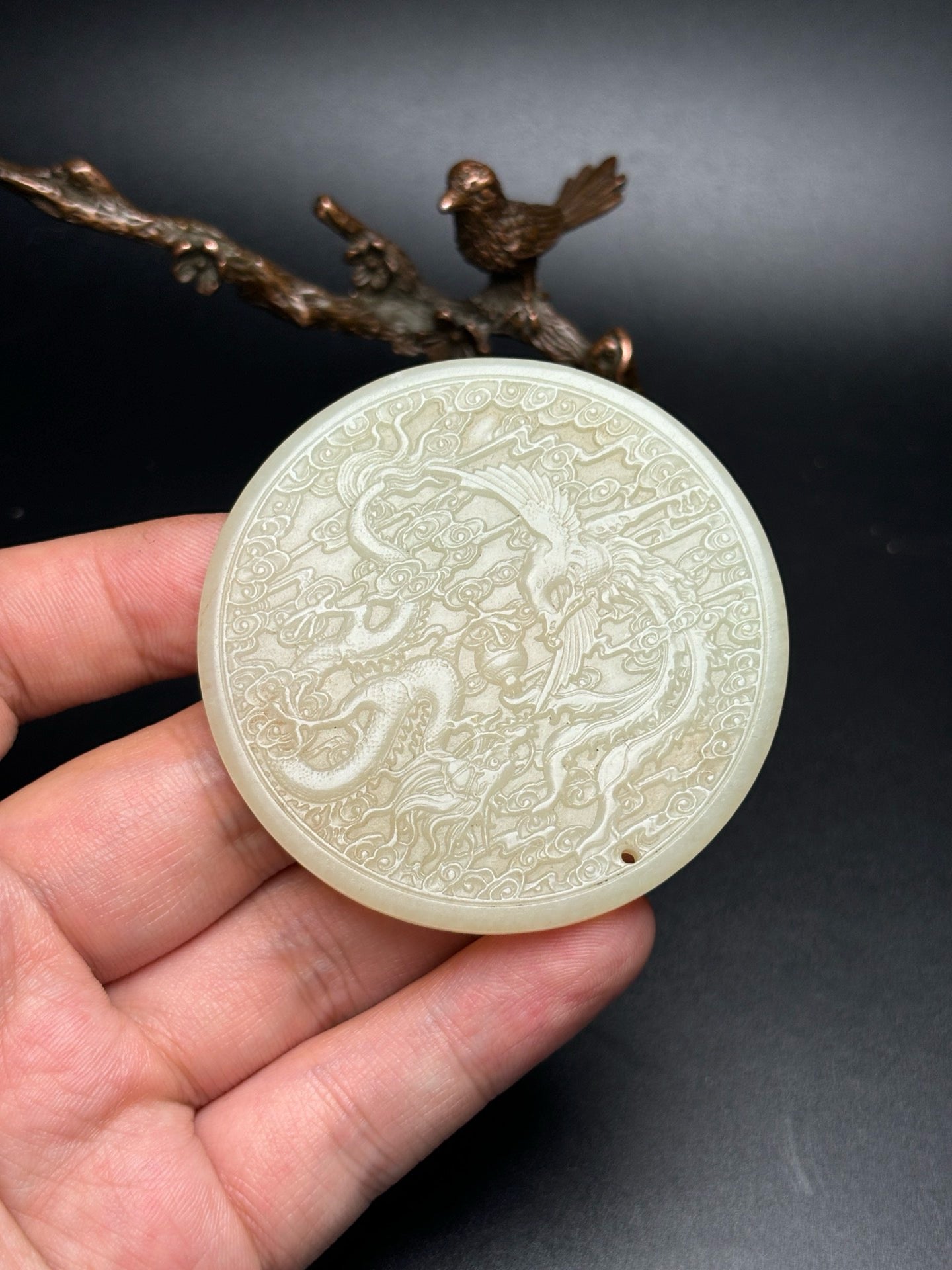 Chinese Antique Hotan Jade Dragon and Phoenix Bring Prosperity
