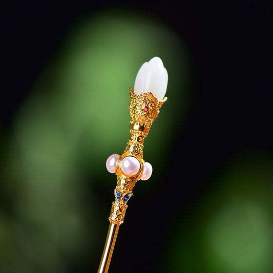 Silver inlaid Hetian Jade Orchid Hairpin