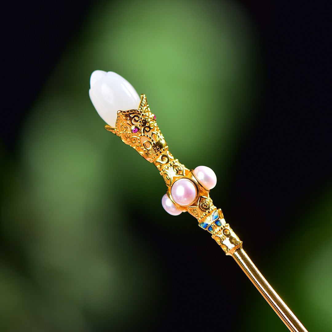 Silver inlaid Hetian Jade Orchid Hairpin