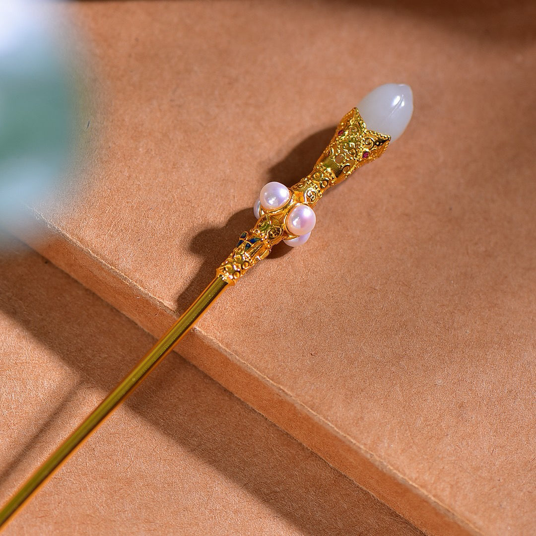 Silver inlaid Hetian Jade Orchid Hairpin