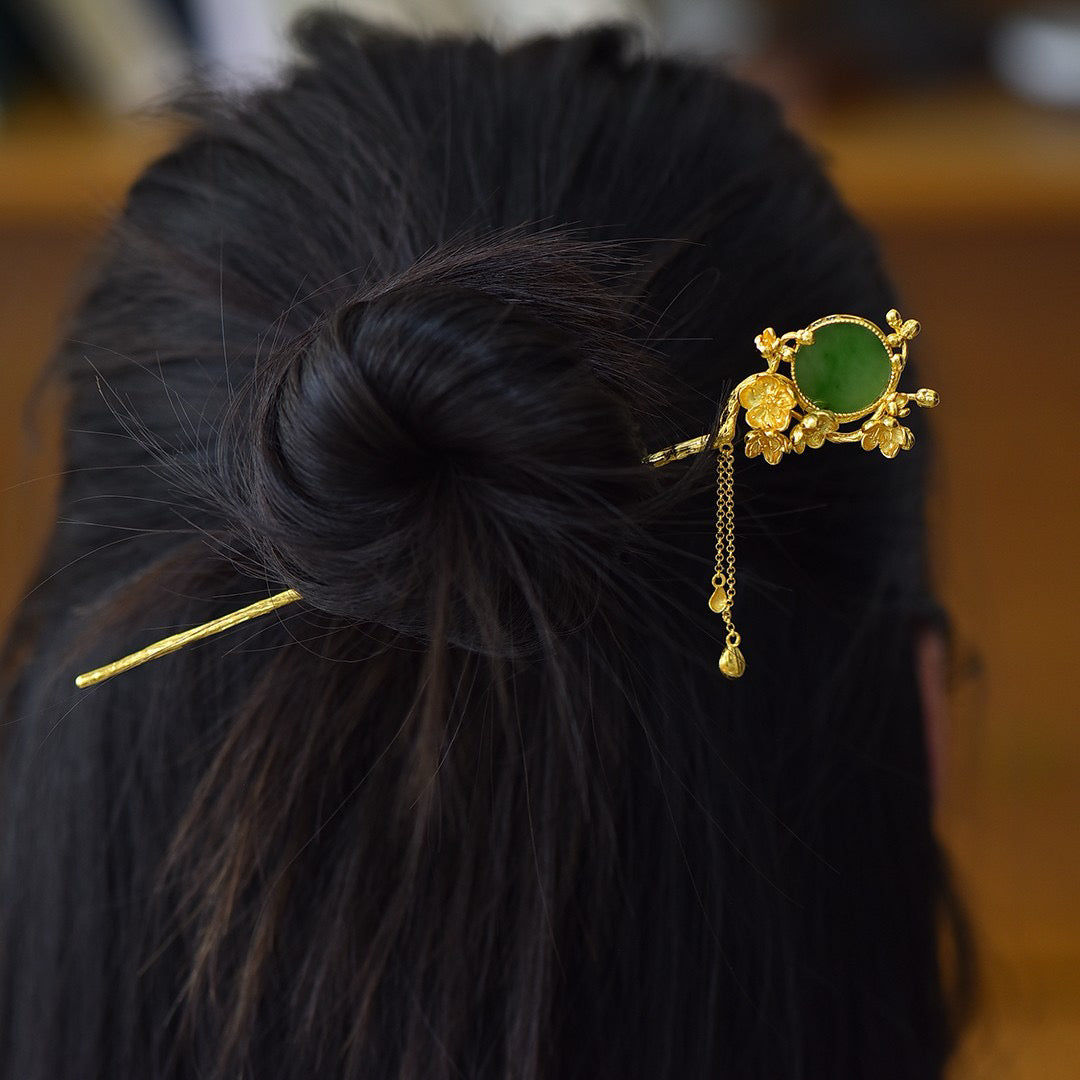 Silver inlaid Hotan Jade jasper flat tassel hairpin