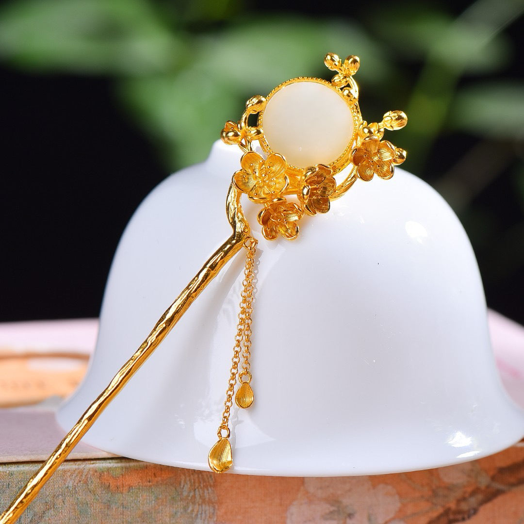 Silver inlaid Hotan Jade Flat Auspicious Flower Tassel Hairpin