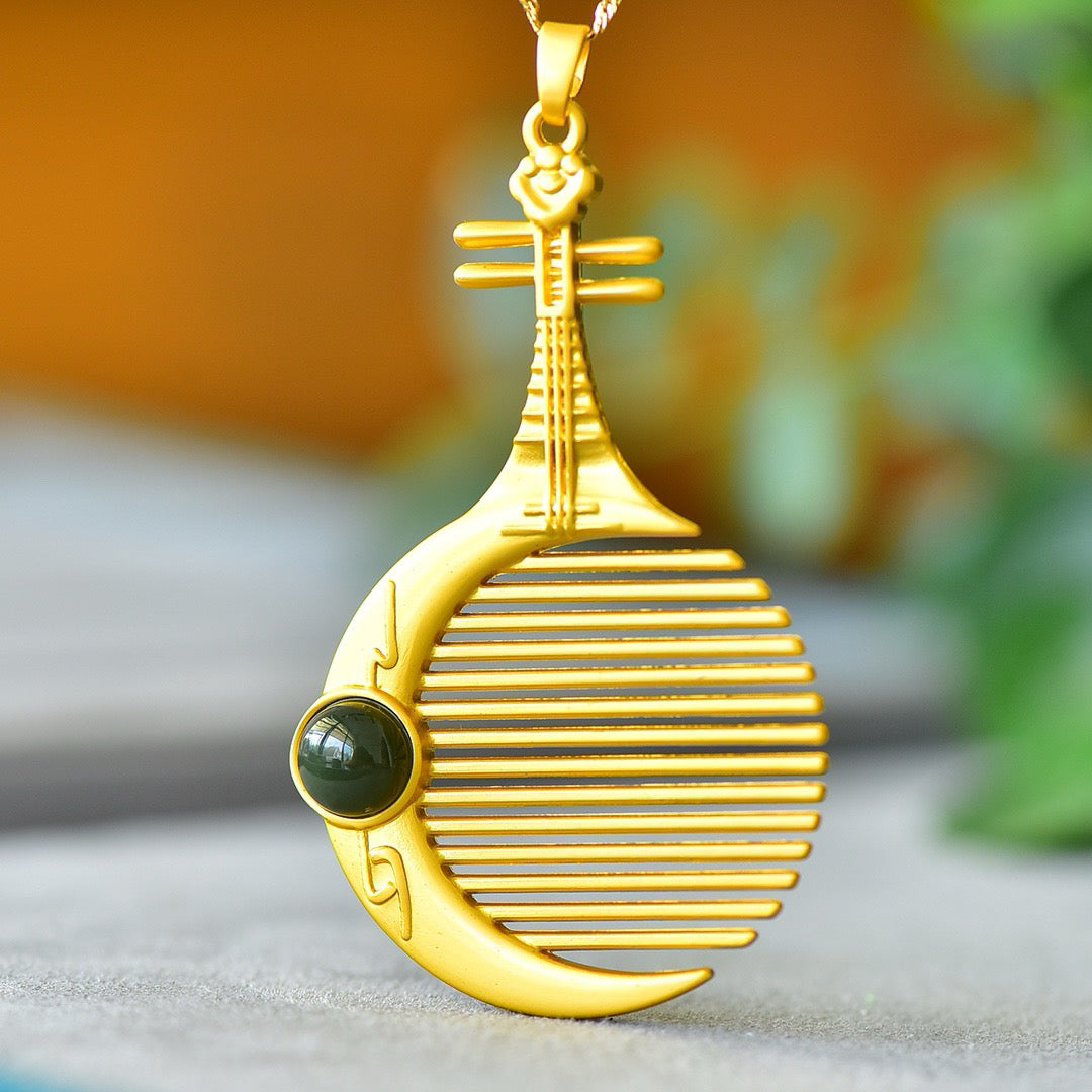 Copper inlaid Hotan Jade drum face pipa comb fashion pendant