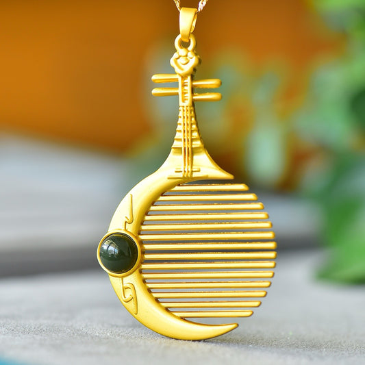 Copper inlaid Hotan Jade drum face pipa comb fashion pendant
