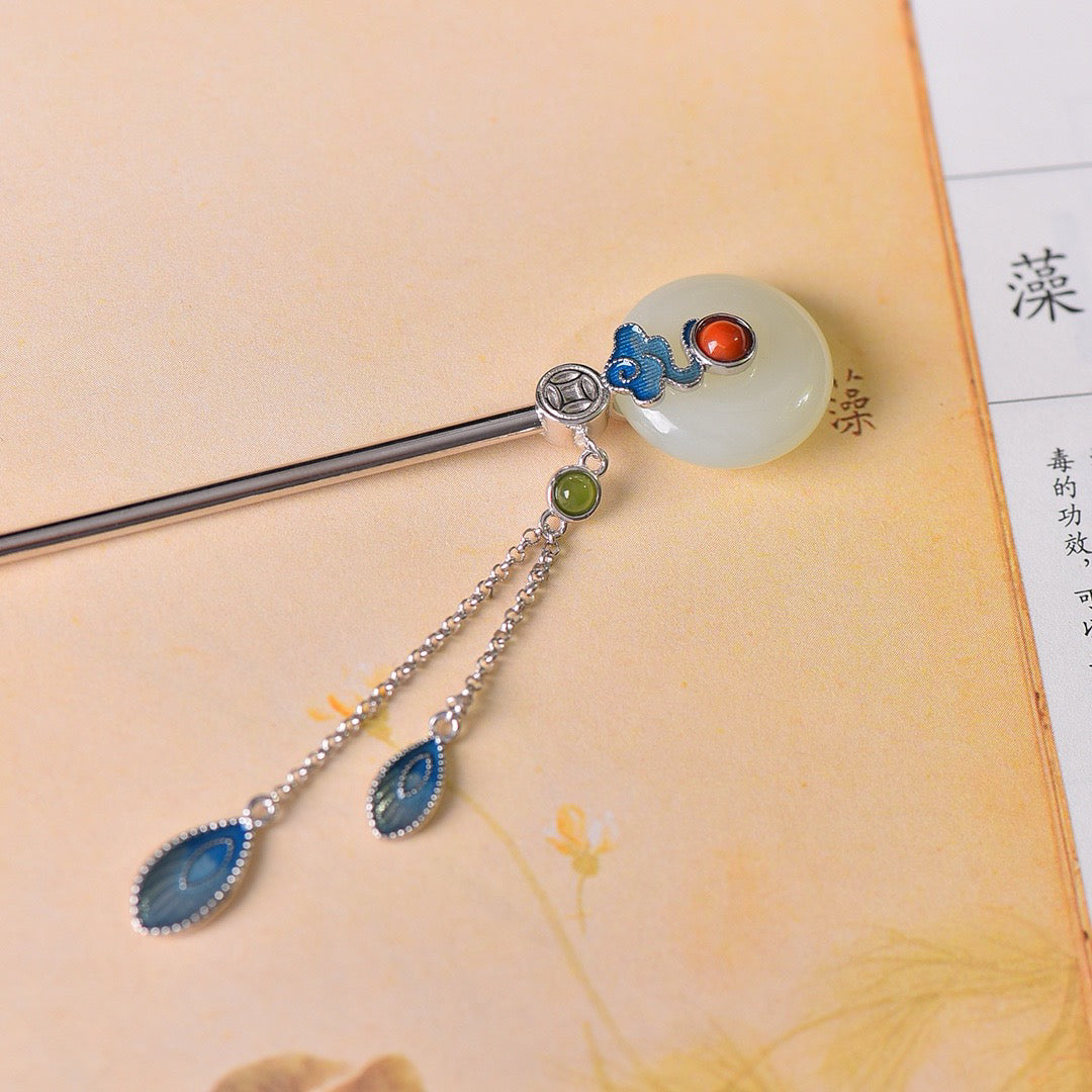 Silver inlaid with Hotan Jade enamel and South red safety clasp hairpin