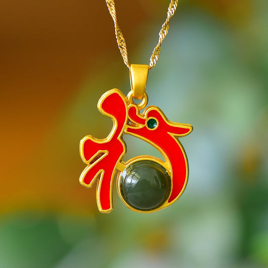 Copper inlaid Hotan Jade drum face lucky dragon enamel fashion pendant