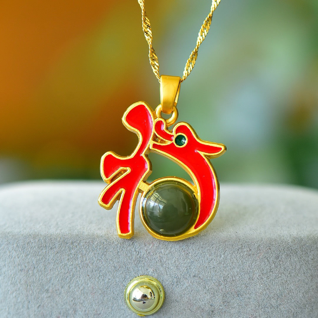 Copper inlaid Hotan Jade drum face lucky dragon enamel fashion pendant