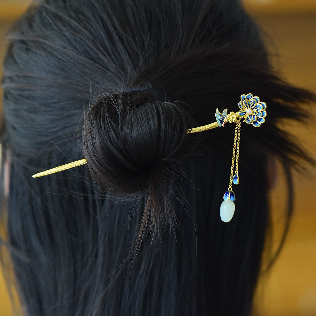 Silver inlaid Hetian Jade Orchid Enamel Tassel Hairpin