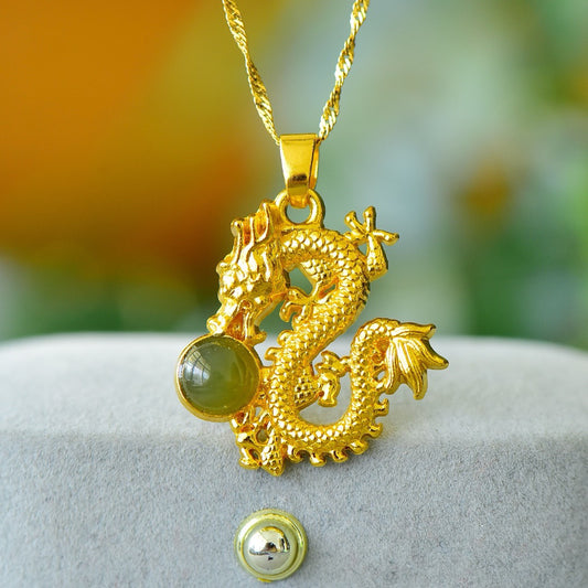 Copper inlaid Hotan Jade drum face lucky dragon fashion pendant