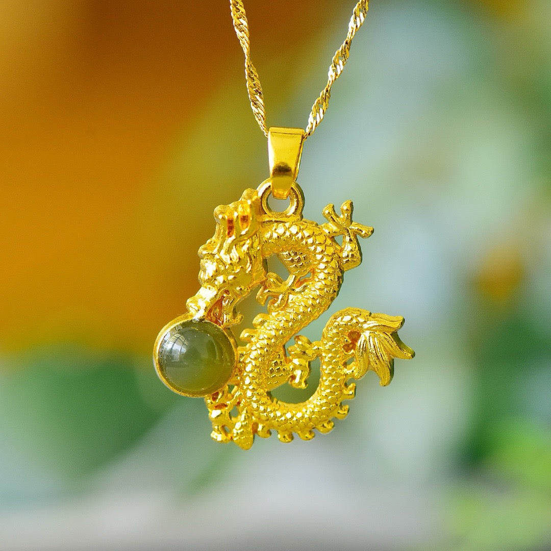 Copper inlaid Hotan Jade drum face lucky dragon fashion pendant