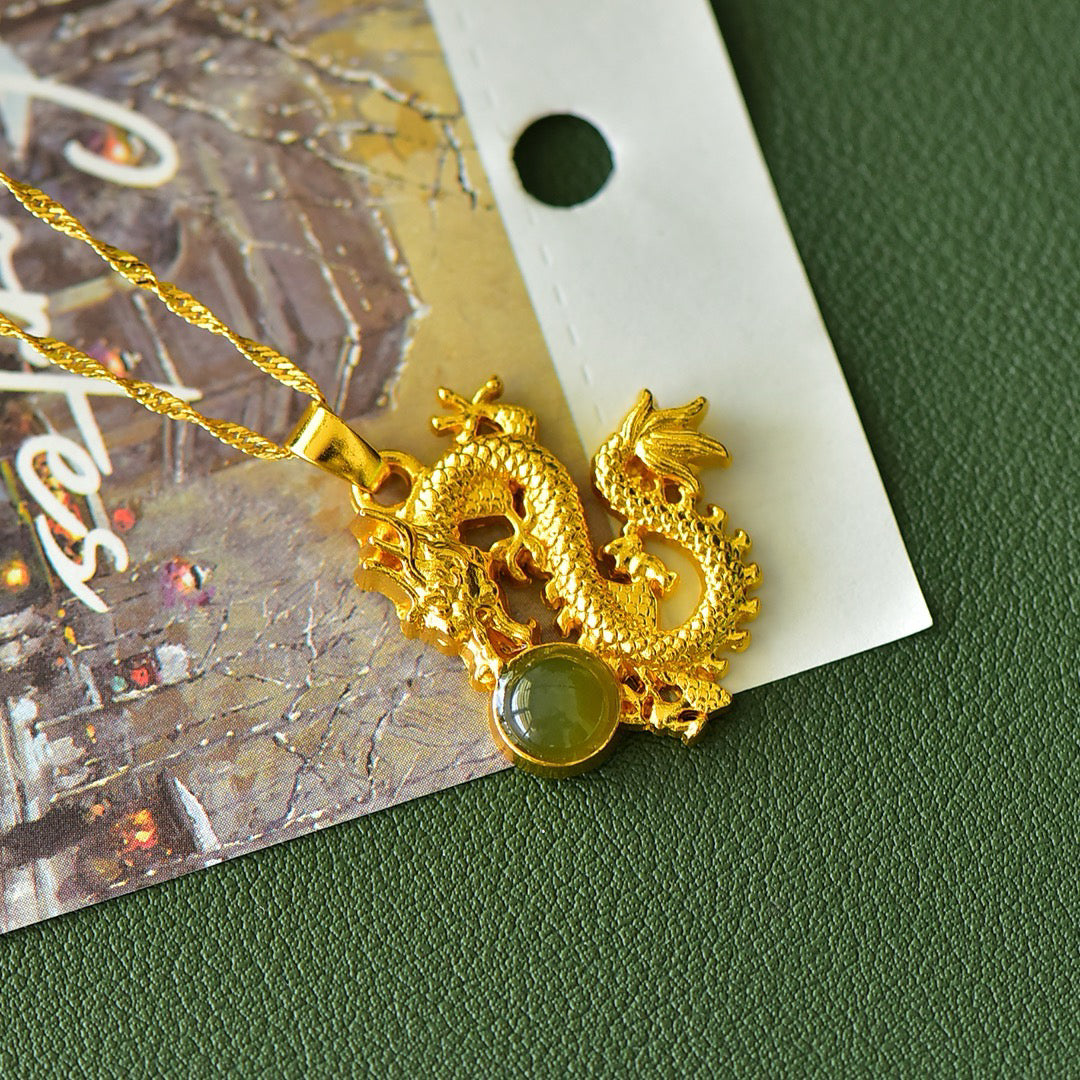Copper inlaid Hotan Jade drum face lucky dragon fashion pendant