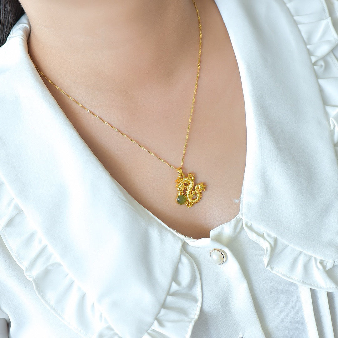 Copper inlaid Hotan Jade drum face lucky dragon fashion pendant