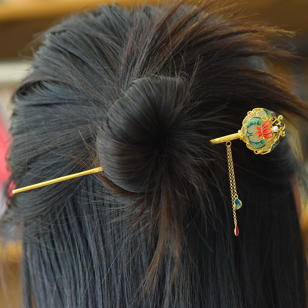 Copper inlaid Hotan Jade hairpin