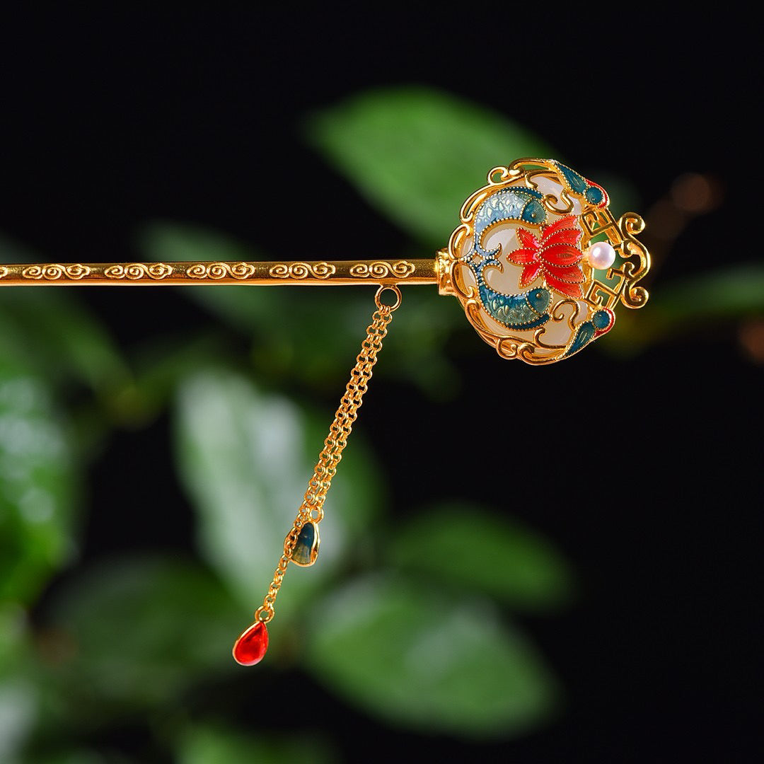 Copper inlaid Hotan Jade hairpin