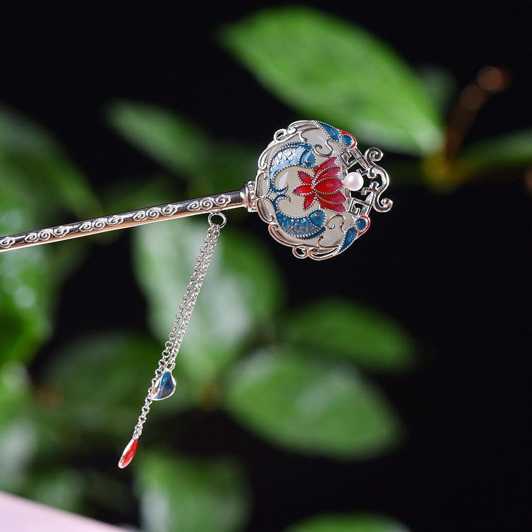 Copper inlaid Hotan Jade hairpin