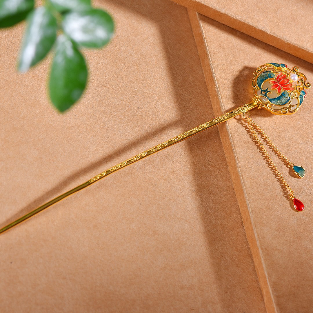 Copper inlaid Hotan Jade hairpin