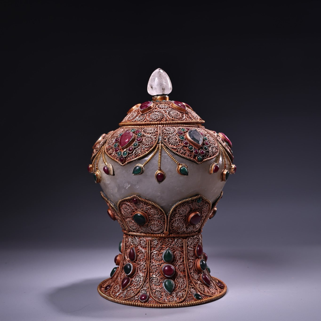 Chinese antique flower silk silver inlaid gemstone natural crystal relic jar