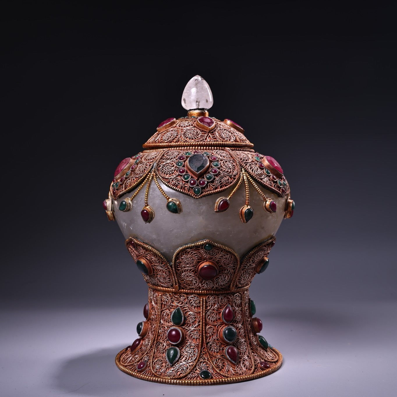Chinese antique flower silk silver inlaid gemstone natural crystal relic jar