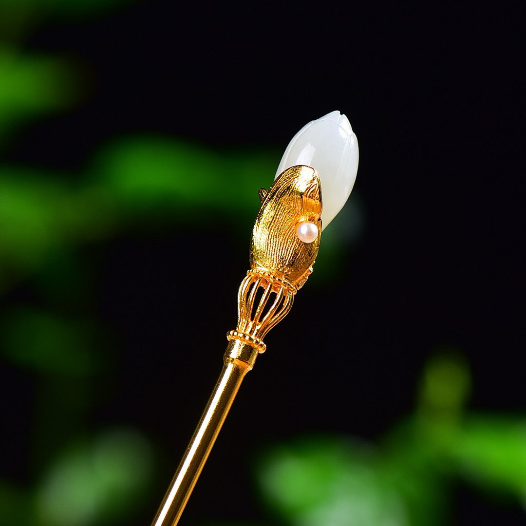 Copper inlaid Hotan Jade hairpin