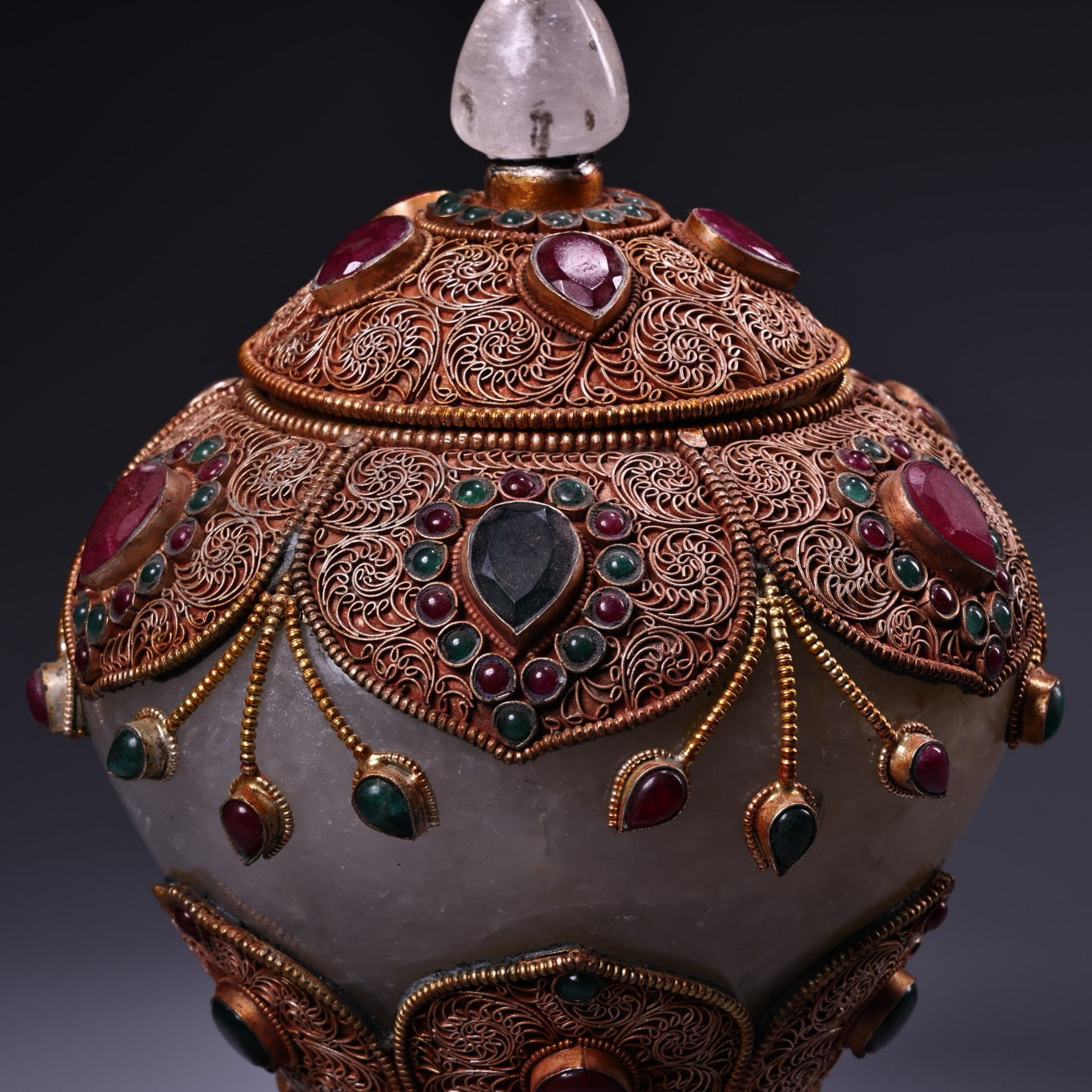 Chinese antique flower silk silver inlaid gemstone natural crystal relic jar
