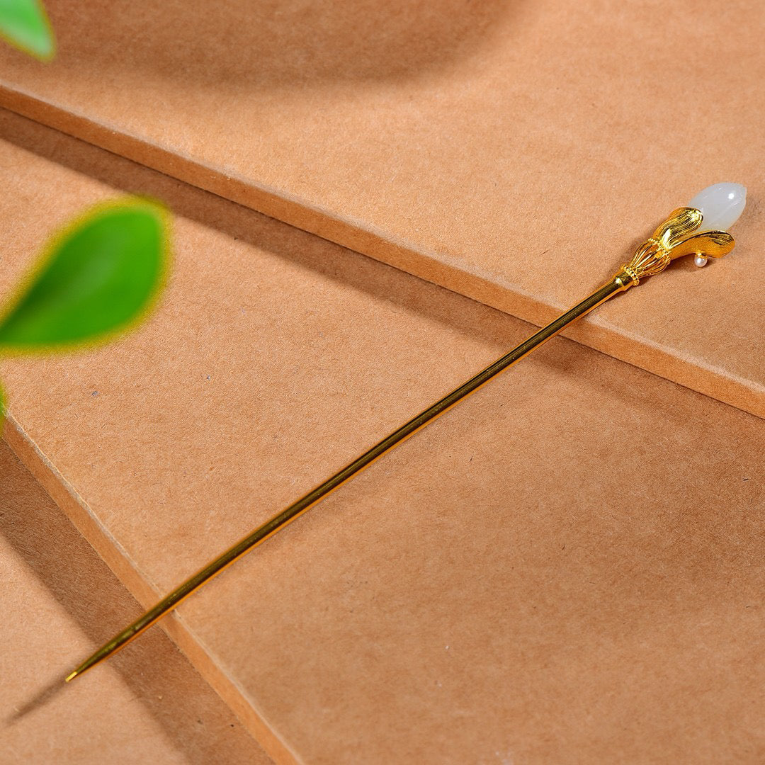 Copper inlaid Hotan Jade hairpin