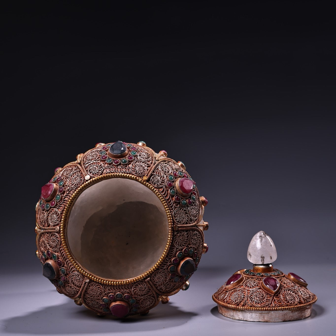 Chinese antique flower silk silver inlaid gemstone natural crystal relic jar