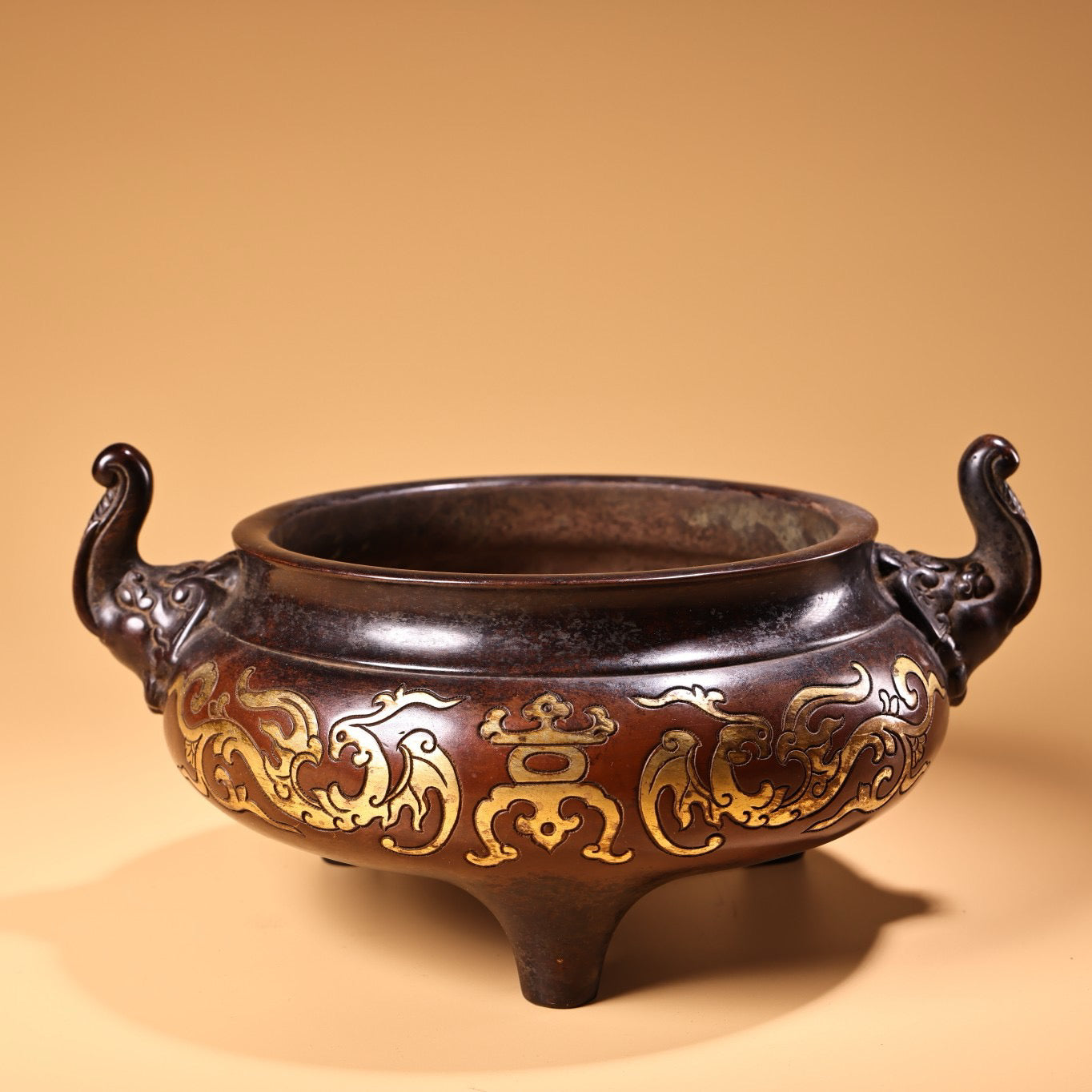 Chinese antique pure purple copper pure handmade high relief carved gilded incense burner