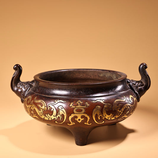 Chinese antique pure purple copper pure handmade high relief carved gilded incense burner