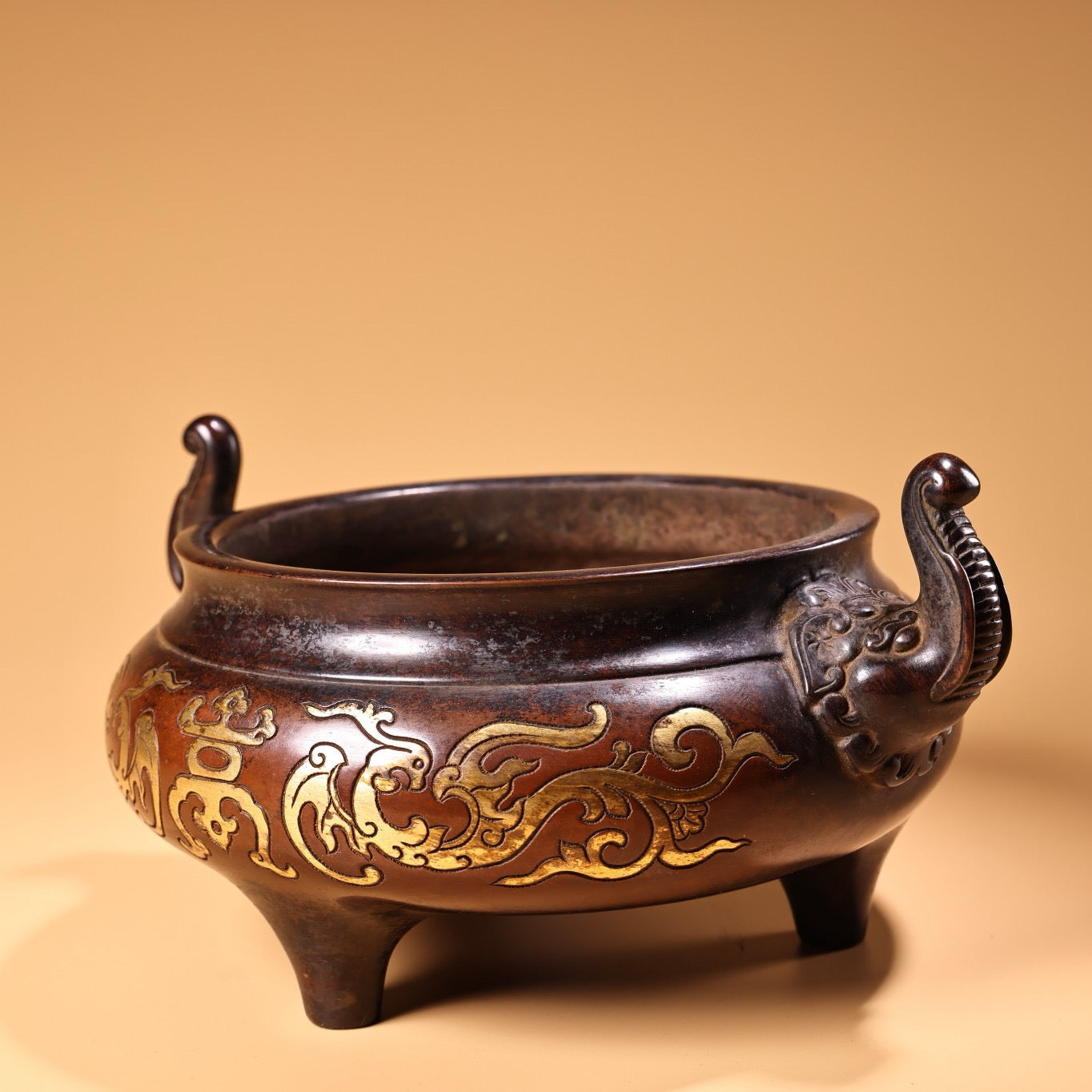 Chinese antique pure purple copper pure handmade high relief carved gilded incense burner