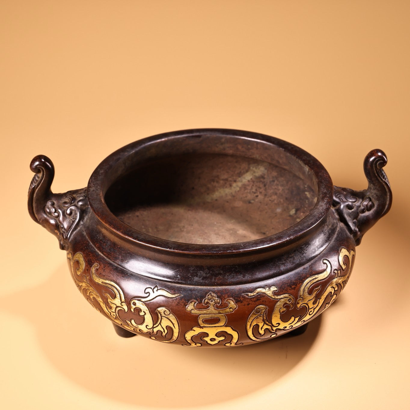 Chinese antique pure purple copper pure handmade high relief carved gilded incense burner