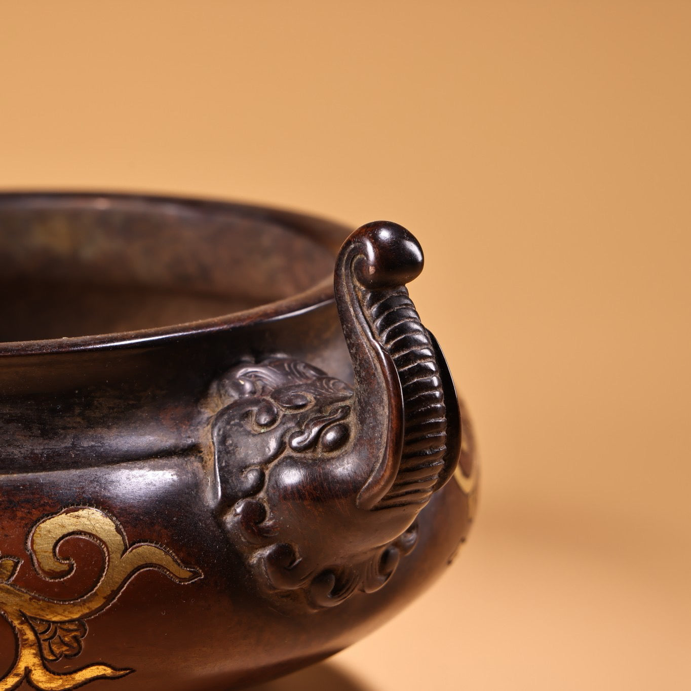 Chinese antique pure purple copper pure handmade high relief carved gilded incense burner