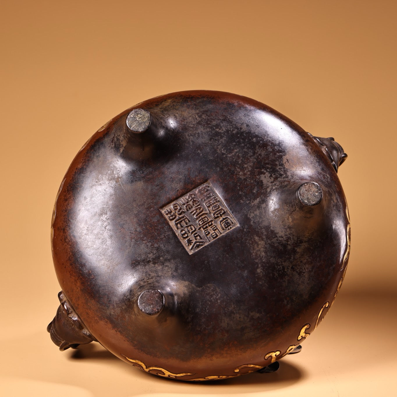 Chinese antique pure purple copper pure handmade high relief carved gilded incense burner