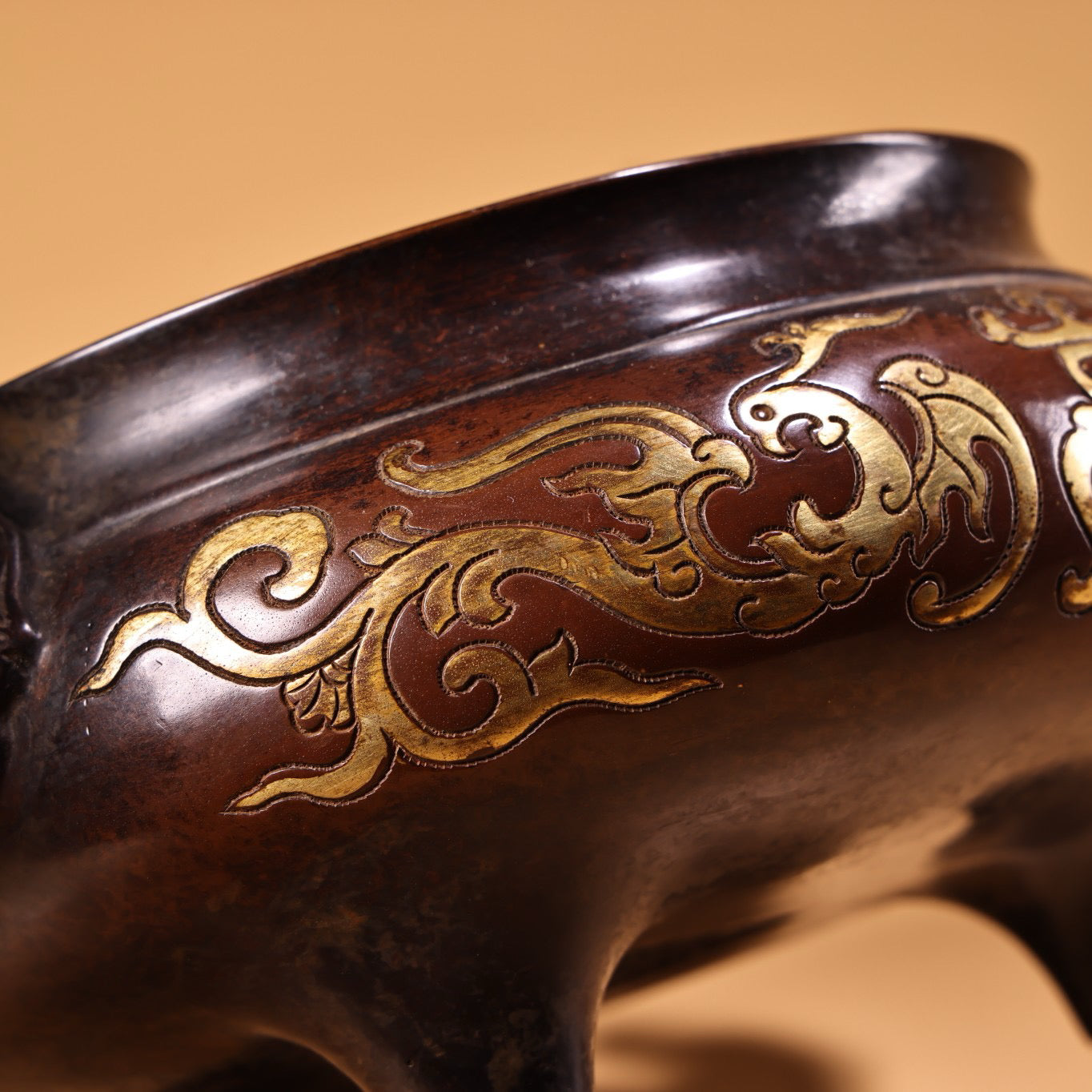 Chinese antique pure purple copper pure handmade high relief carved gilded incense burner