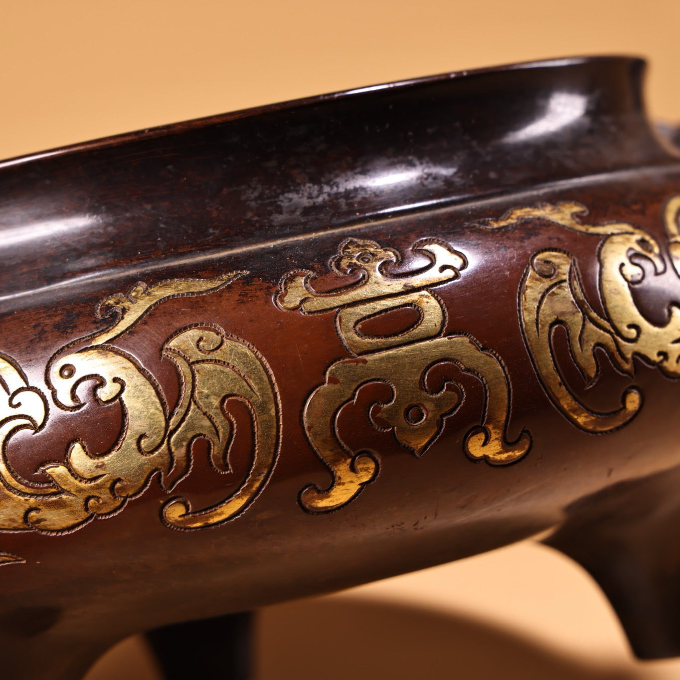 Chinese antique pure purple copper pure handmade high relief carved gilded incense burner