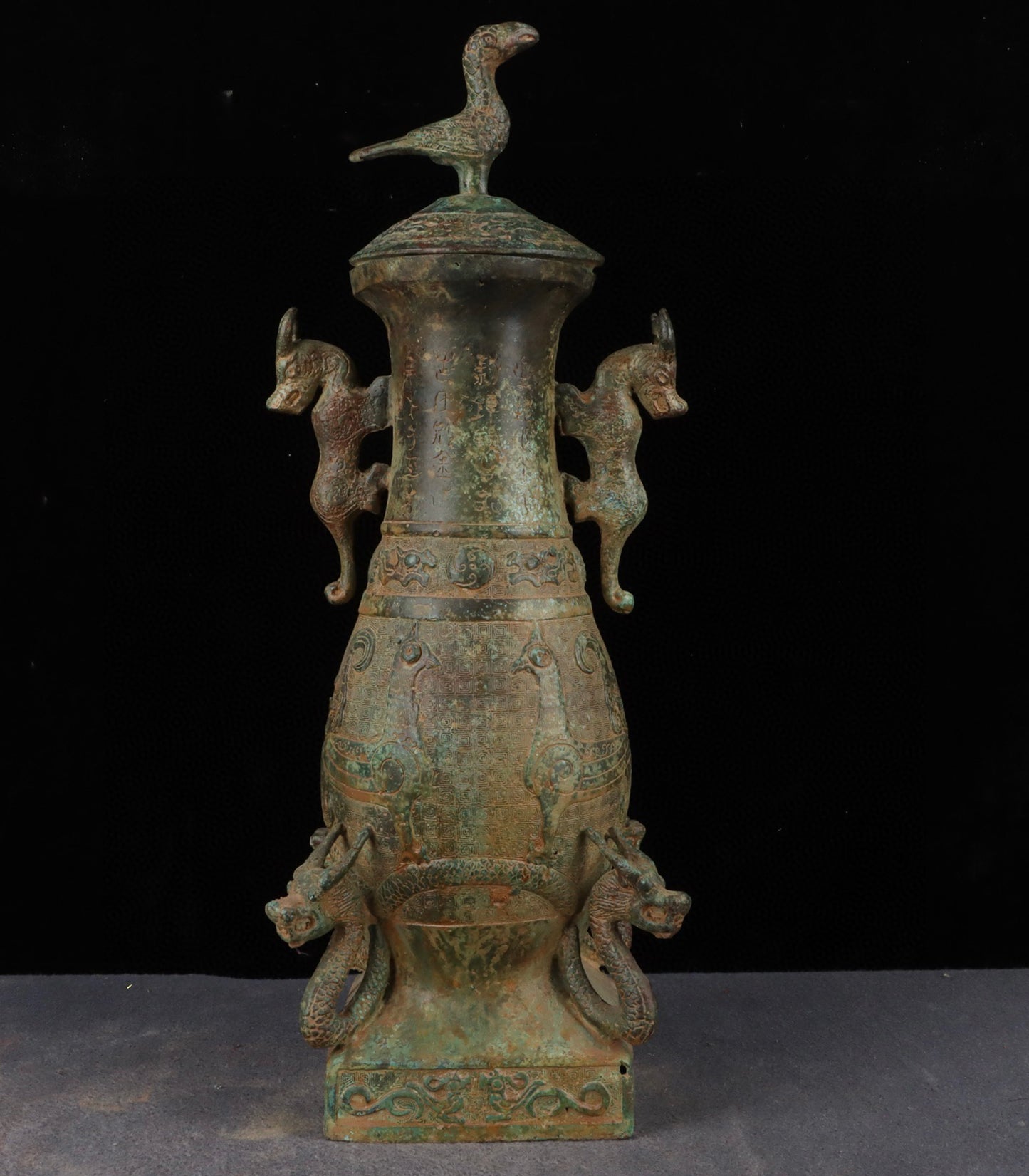Chinese antique bronze six dragon standing bird teapot