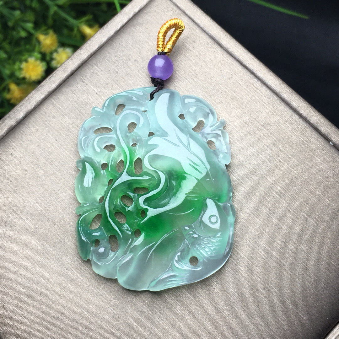 Ice floating green lotus fish jade plaque