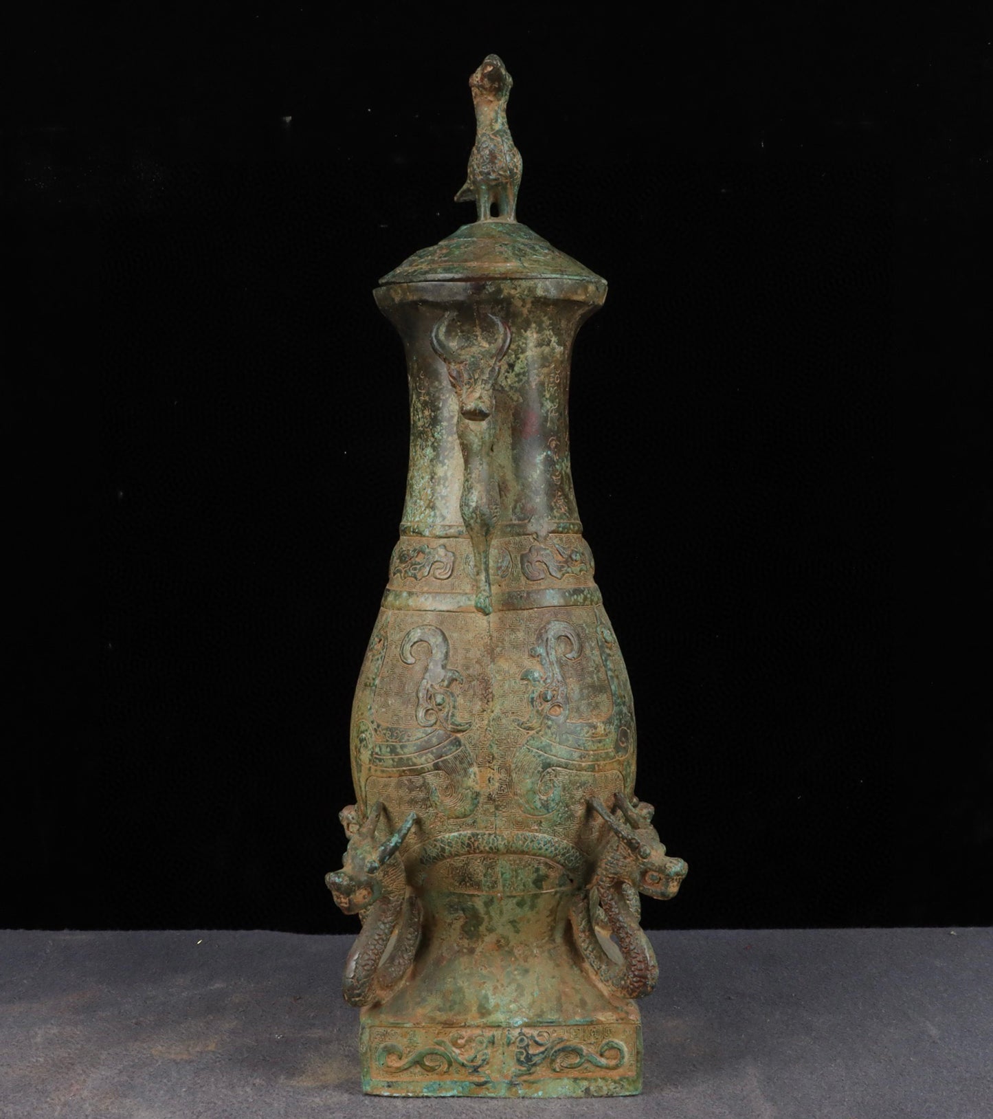 Chinese antique bronze six dragon standing bird teapot