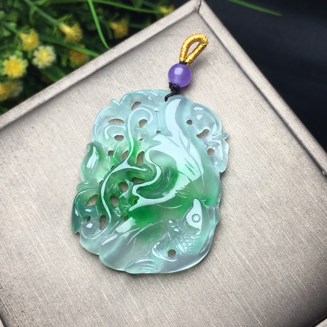 Ice floating green lotus fish jade plaque