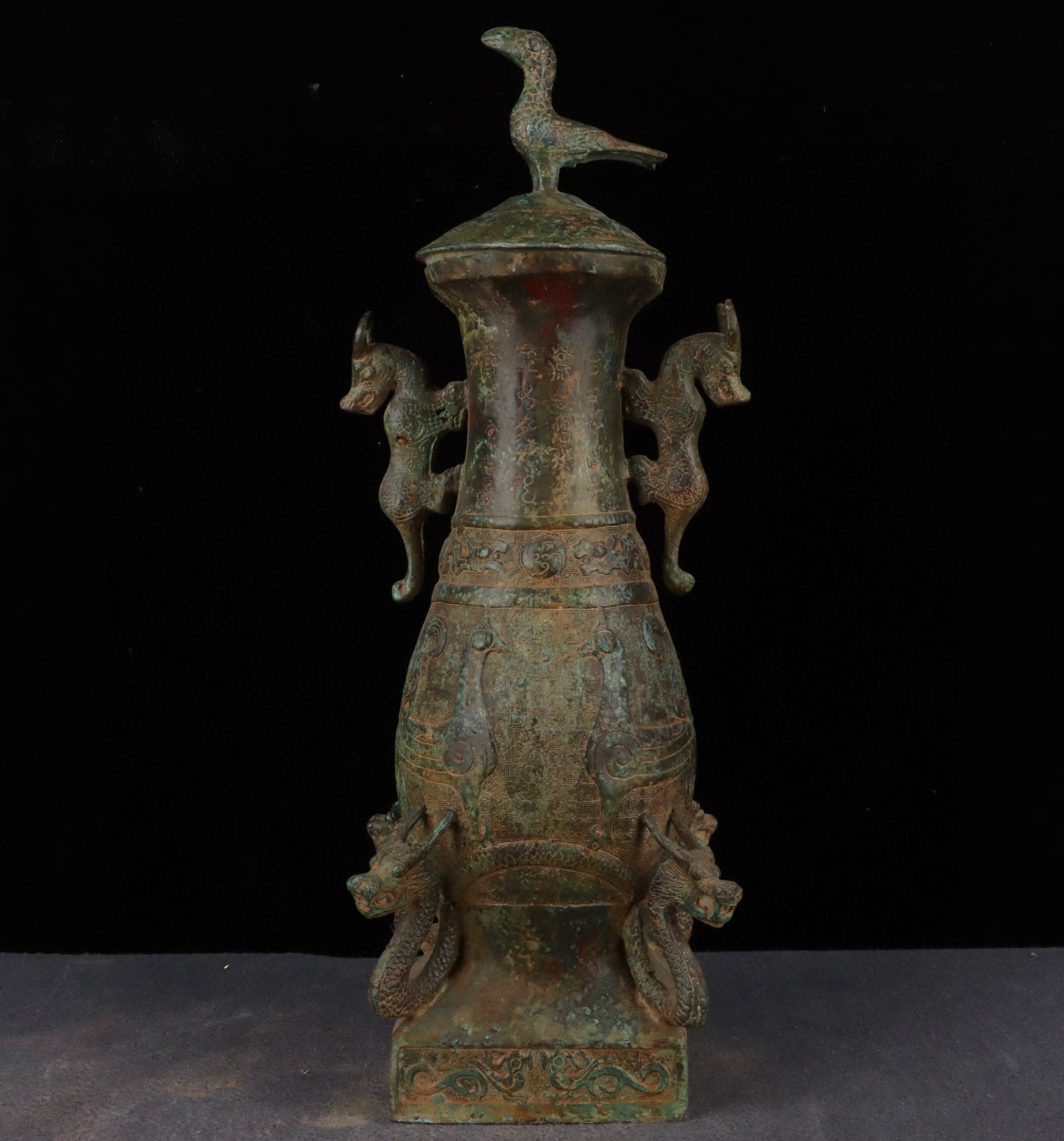Chinese antique bronze six dragon standing bird teapot