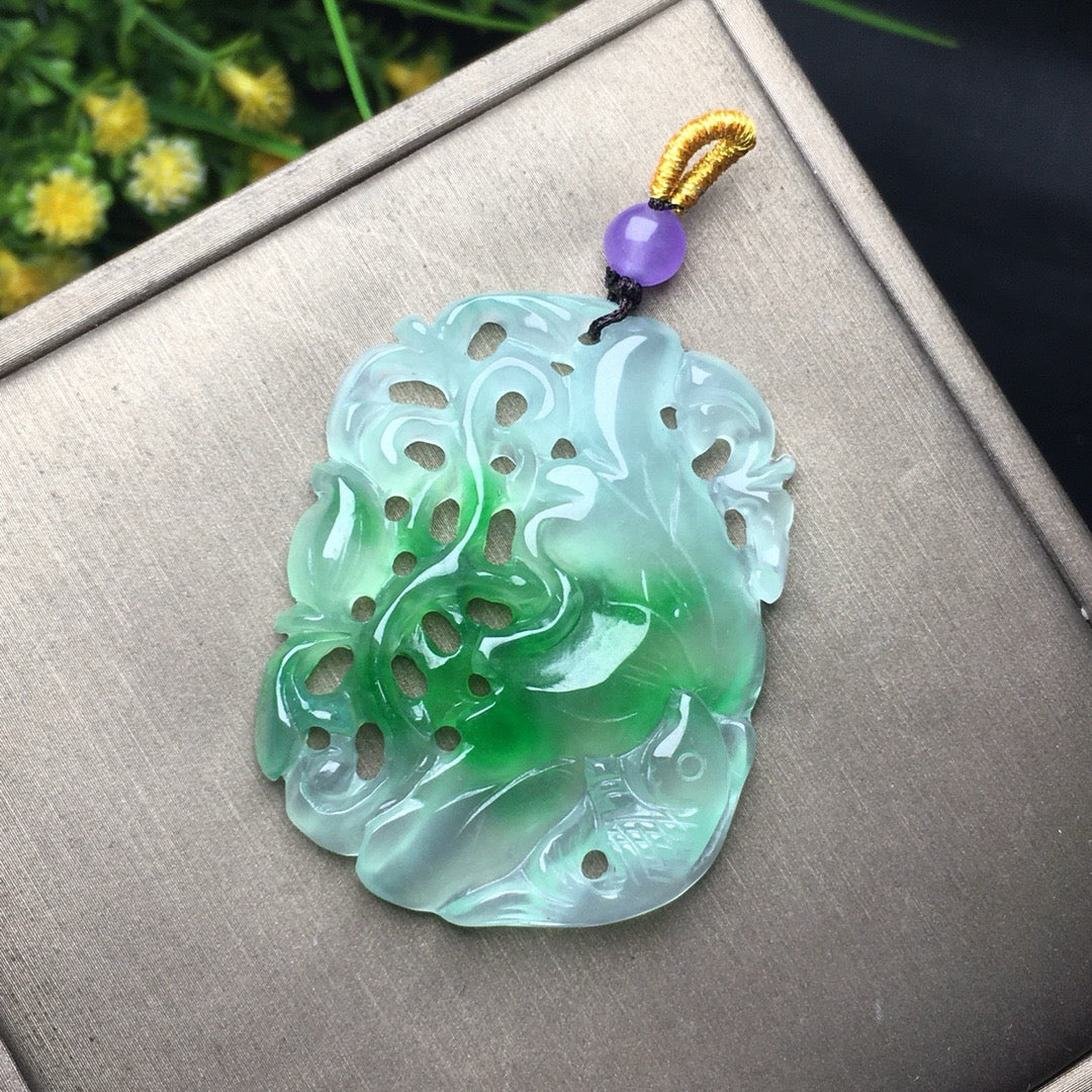 Ice floating green lotus fish jade plaque